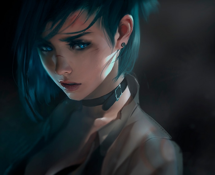 Jinx with blue hair and blue eyes wearing a choker