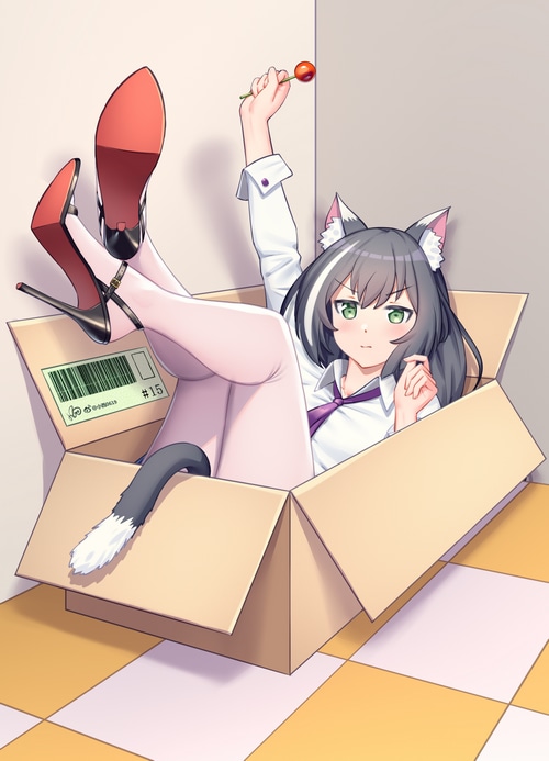 Cat girl in a cardboard box with heels and lollipop
