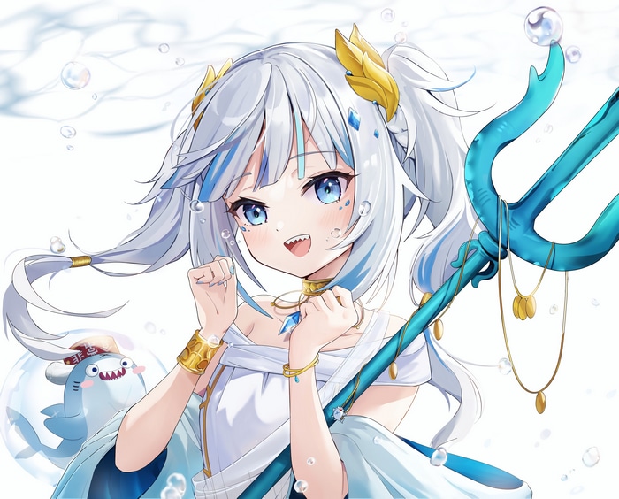Gawr Gura with a trident and a shark plushie