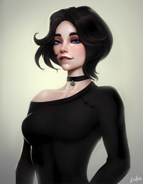 Doomer Girl with dark hair and blue eyes wearing a black choker