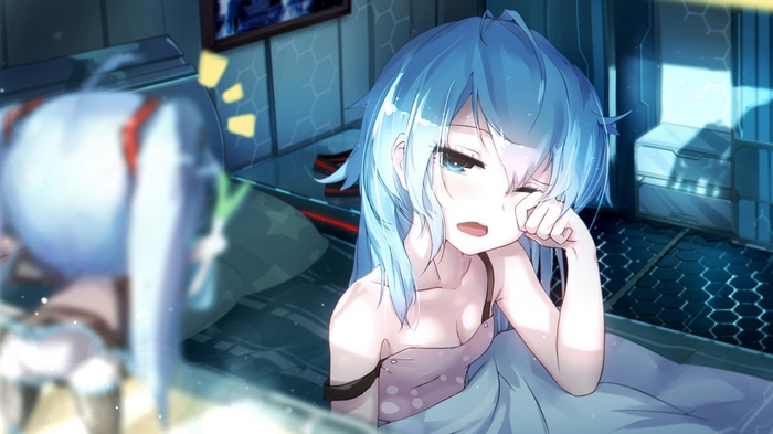 Sleepy anime girl with blue hair and twintails