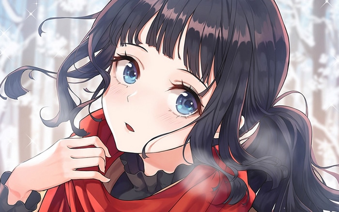 Girl with dark hair and blue eyes wearing a red scarf