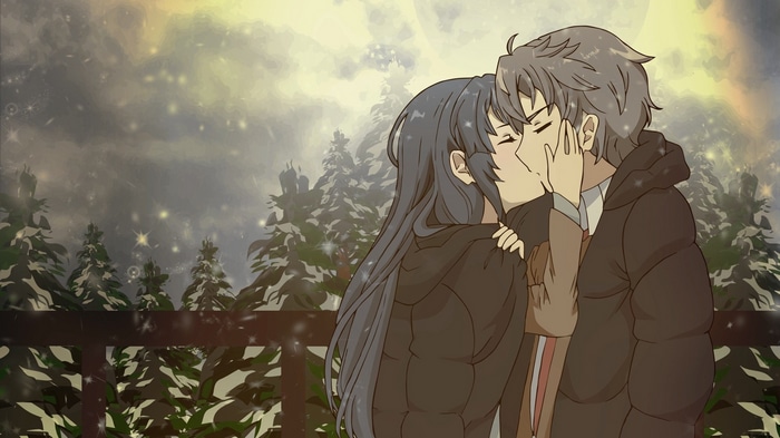 Sakuta and Mai kissing in the snow