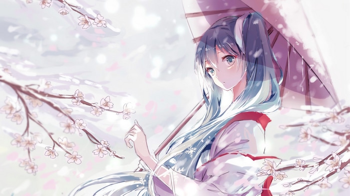 Yuki Miku with umbrella under cherry blossoms