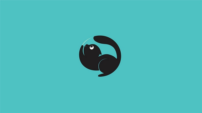 Black cat playing with a white string on a blue background