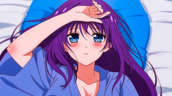 Ao Horie lying on back with purple hair and blue eyes