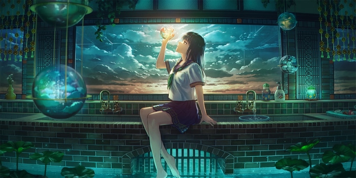 Schoolgirl holding a glowing sphere by a sink