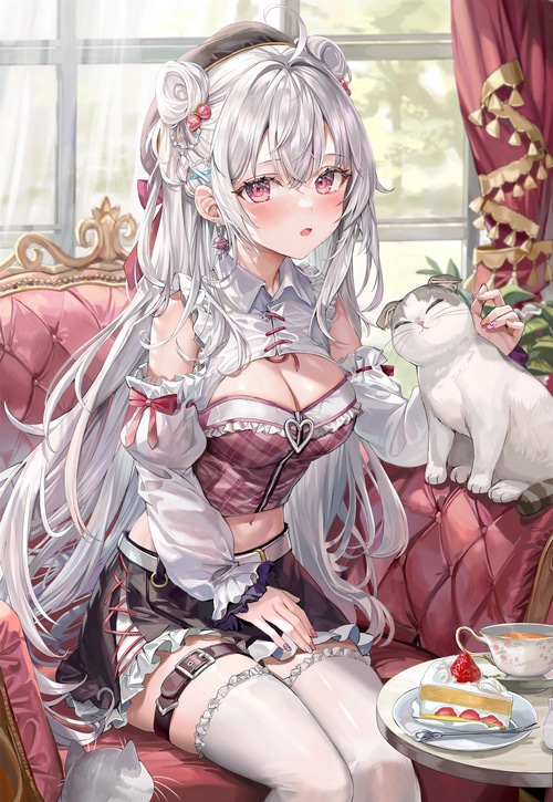 Anime girl with silver hair and cats on a couch