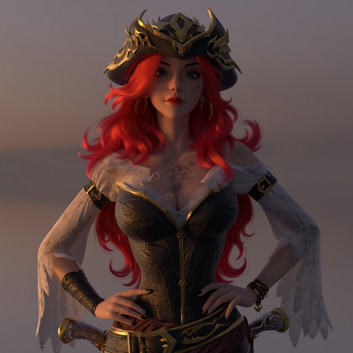 Miss Fortune from League of Legends with red hair and pirate hat
