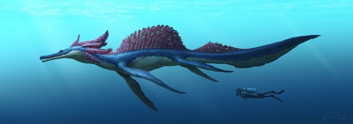 Fantasy sea creature and scuba diver underwater