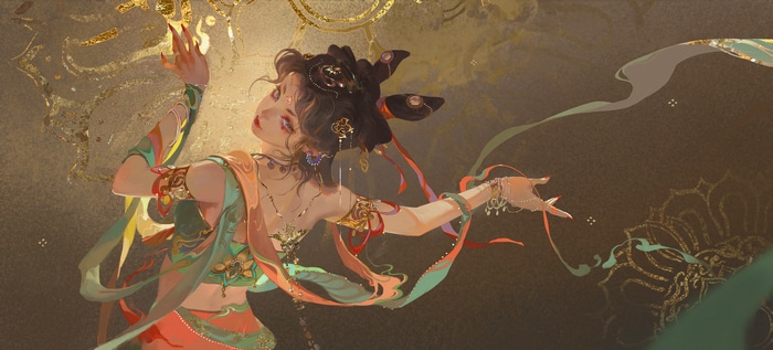 4K Dunhuang Mural Dancing Woman with Gold Accents