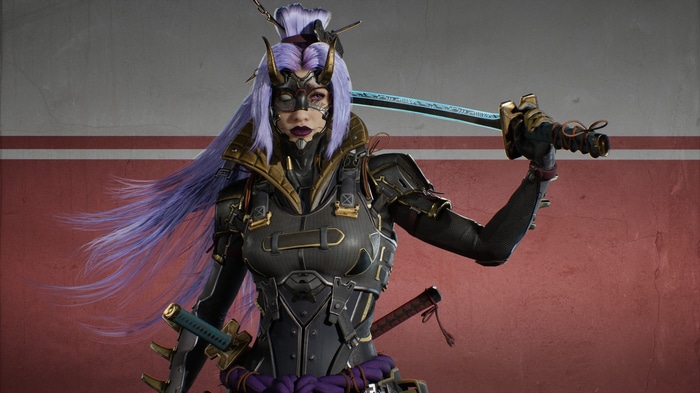 Cyberpunk samurai woman with purple hair and horns holding a katana