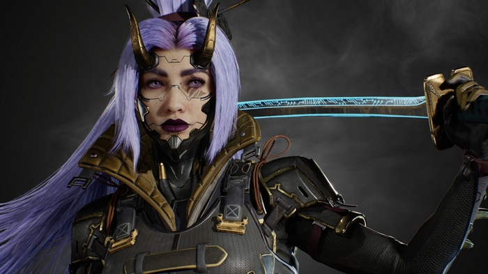Cyberpunk woman with purple hair and horns holding a katana