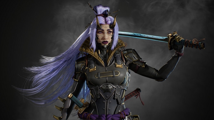 Cyberpunk samurai woman with horns and swords