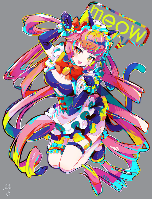 Cat girl with colorful twintails and cat ears