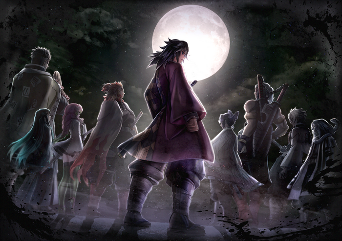 Kimetsu no Yaiba characters under the full moon
