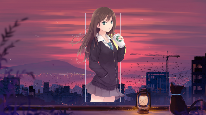 Anime schoolgirl with Starbucks drink at sunset city view