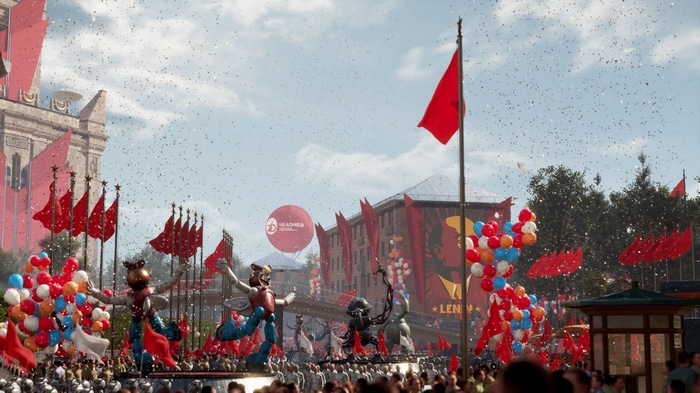 Atomic Heart parade with Vladimir Lenin banner and balloons