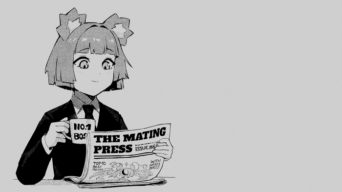 Girl in Suit Reading "The Mating Press" Newspaper