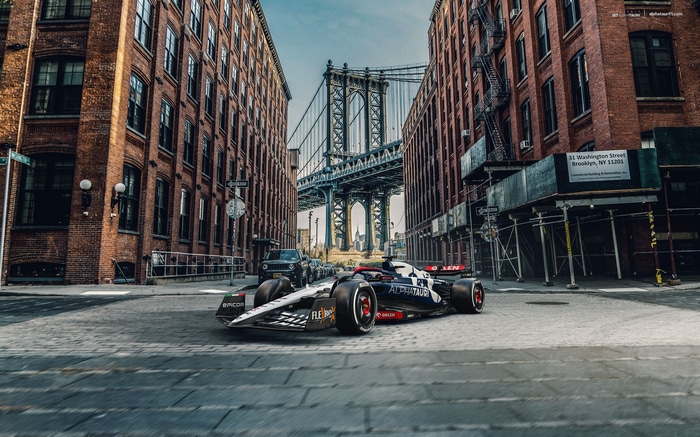 Scuderia AlphaTauri Formula 1 car on Manhattan Bridge street