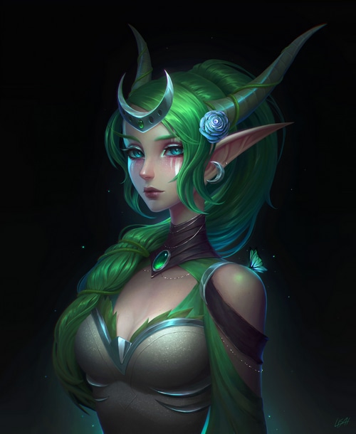Ysera from Warcraft fan art with green hair and horns