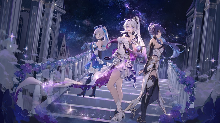Honkai Impact 3rd: Kiana, Raiden Mei, and Bronya under starry night
