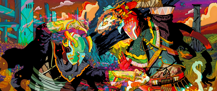 Two masked figures in a surreal, colorful landscape