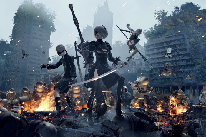 Nier: Automata characters 2B, A2, and 9S in battle