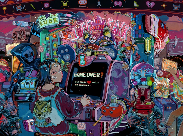 Girl playing arcade game with Death and cat character