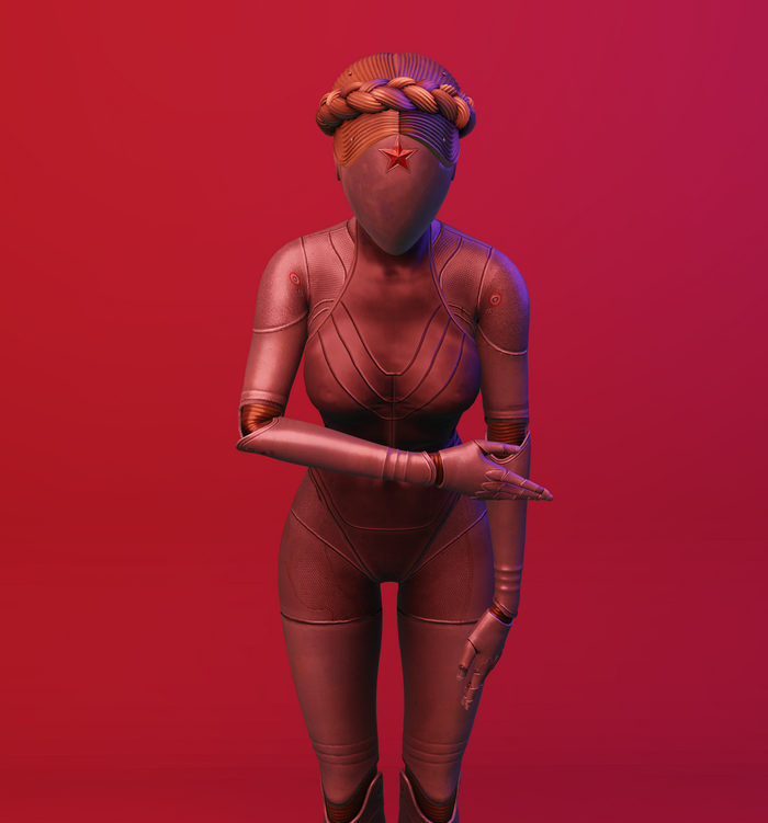 Atomic Heart robot with red star on red background