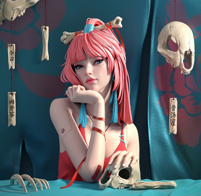 Woman with pink hair and bones