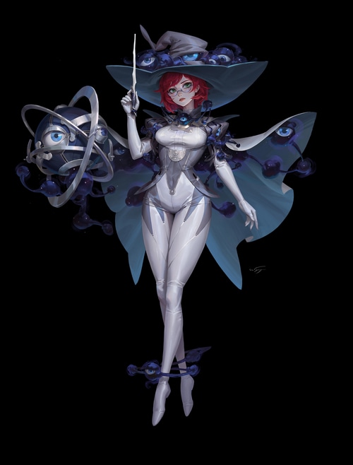 Wu Shenyou, a witch with eyes on her hat and cape, holding a wand
