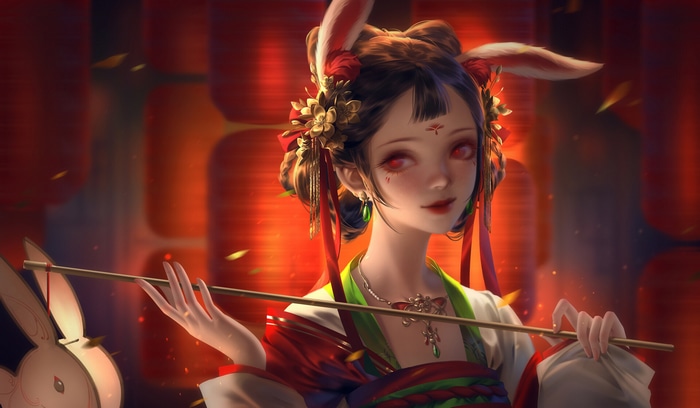 Bunny girl with red eyes holding a flute
