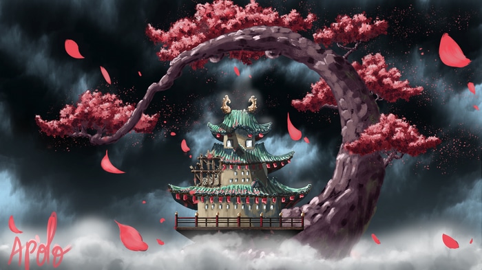 4K One Piece temple with cherry blossoms