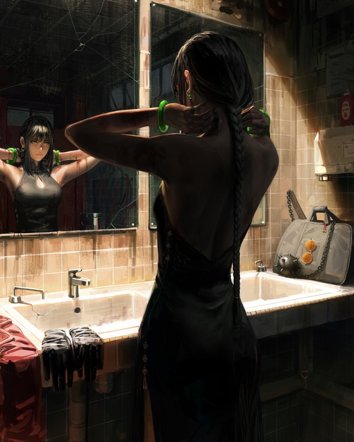 4K Cheongsam Girl in Bathroom with Mirror Reflection