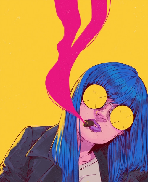 Woman with blue hair smoking a cigar