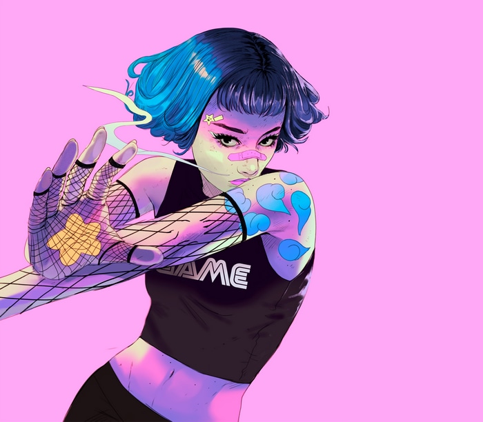 4K illustration of a woman with blue hair and tattoos