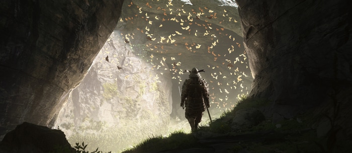 Samurai walking through a cave with butterflies