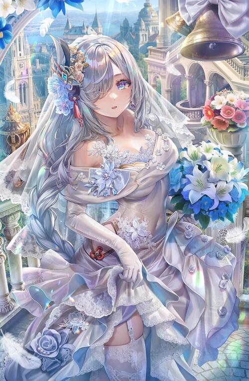 Shenhe in a wedding dress holding a bouquet