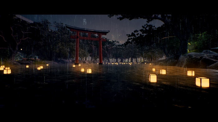 4K Ghostwire Tokyo Torii Gate in Rain with Lanterns