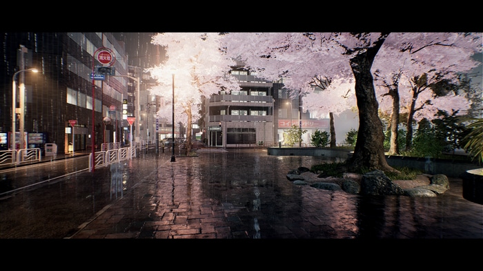 4K Ghostwire Tokyo street with cherry trees in rain