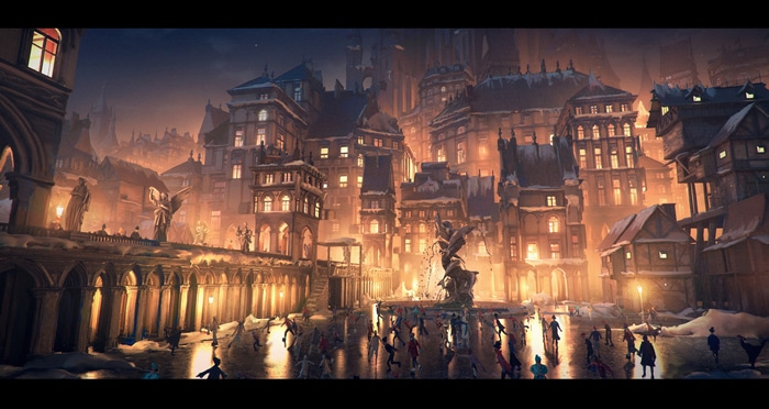 4K night town square with people and buildings