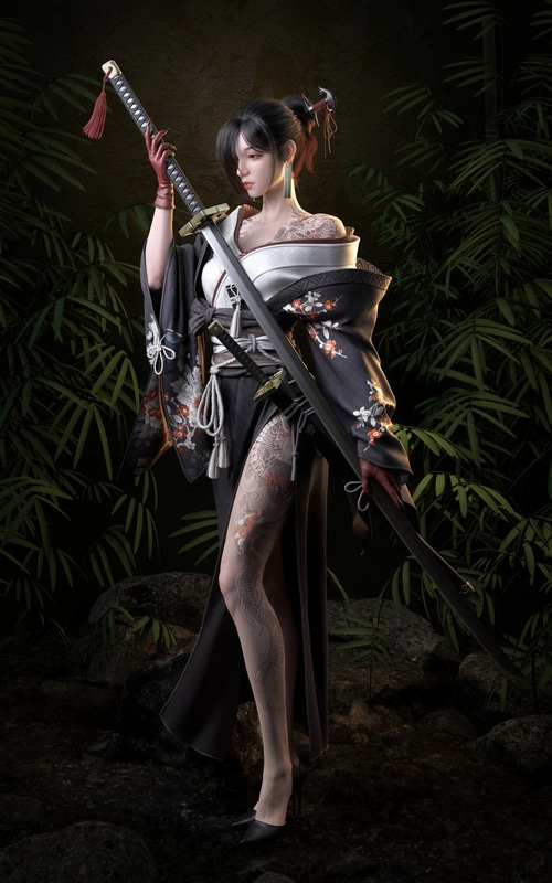 Woman in Kimono with Katana and Tattoos