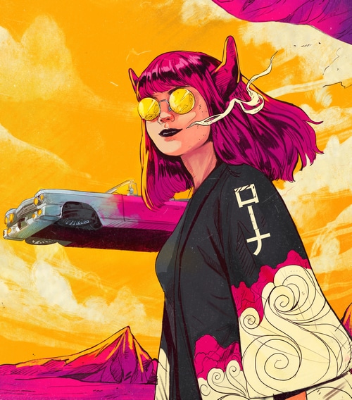 Woman with horns and sunglasses near a flying classic car