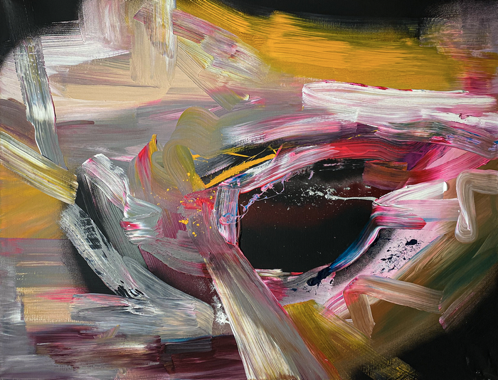Abstract painting by Jake Andrew with paint splatter