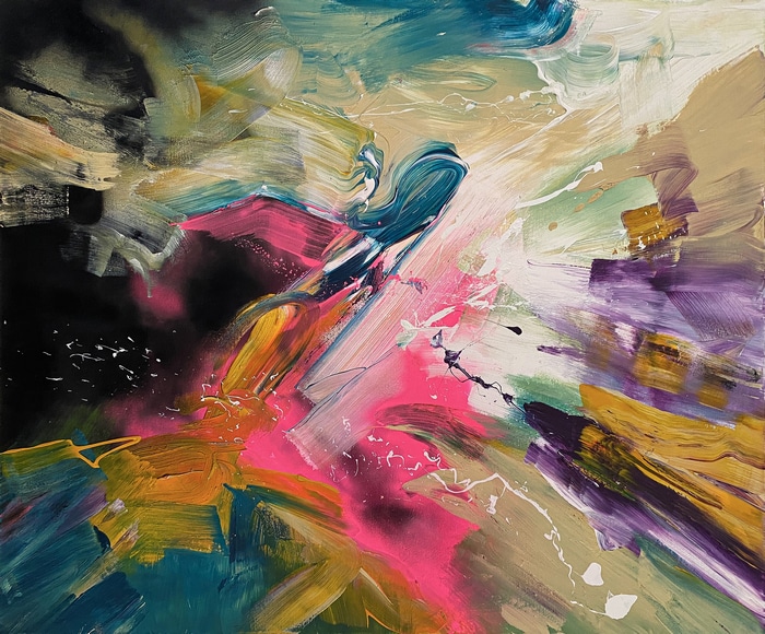 Abstract painting with colorful paint splatters by Jake Andrew