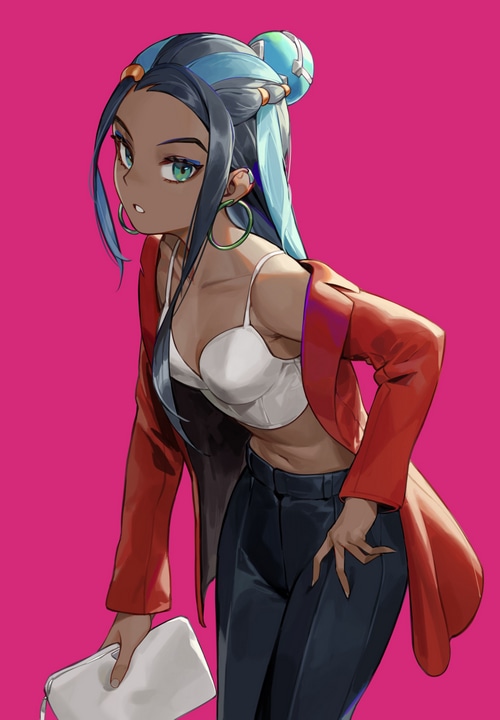 Nessa from Pokemon wearing a red jacket and white top