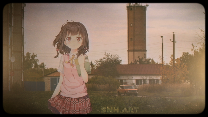 Anime girl in school uniform with books in a suburban setting