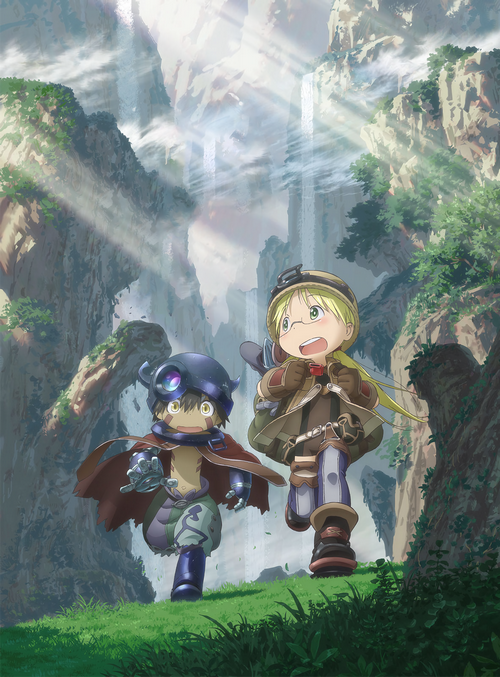 Anime characters running through a canyon with waterfalls