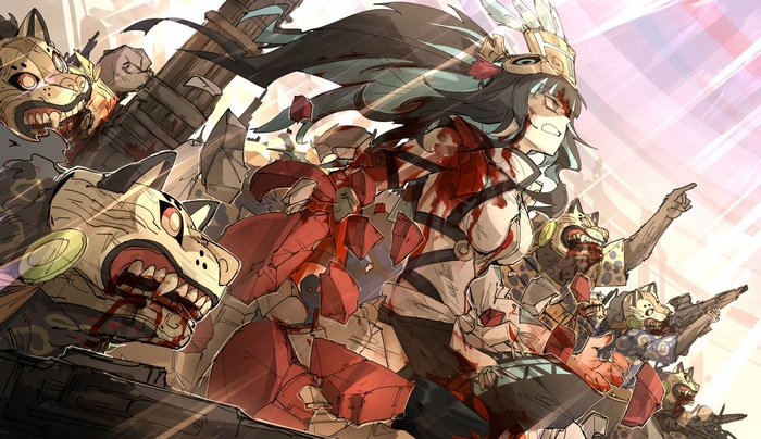 Bloody warriors with animal masks and guns